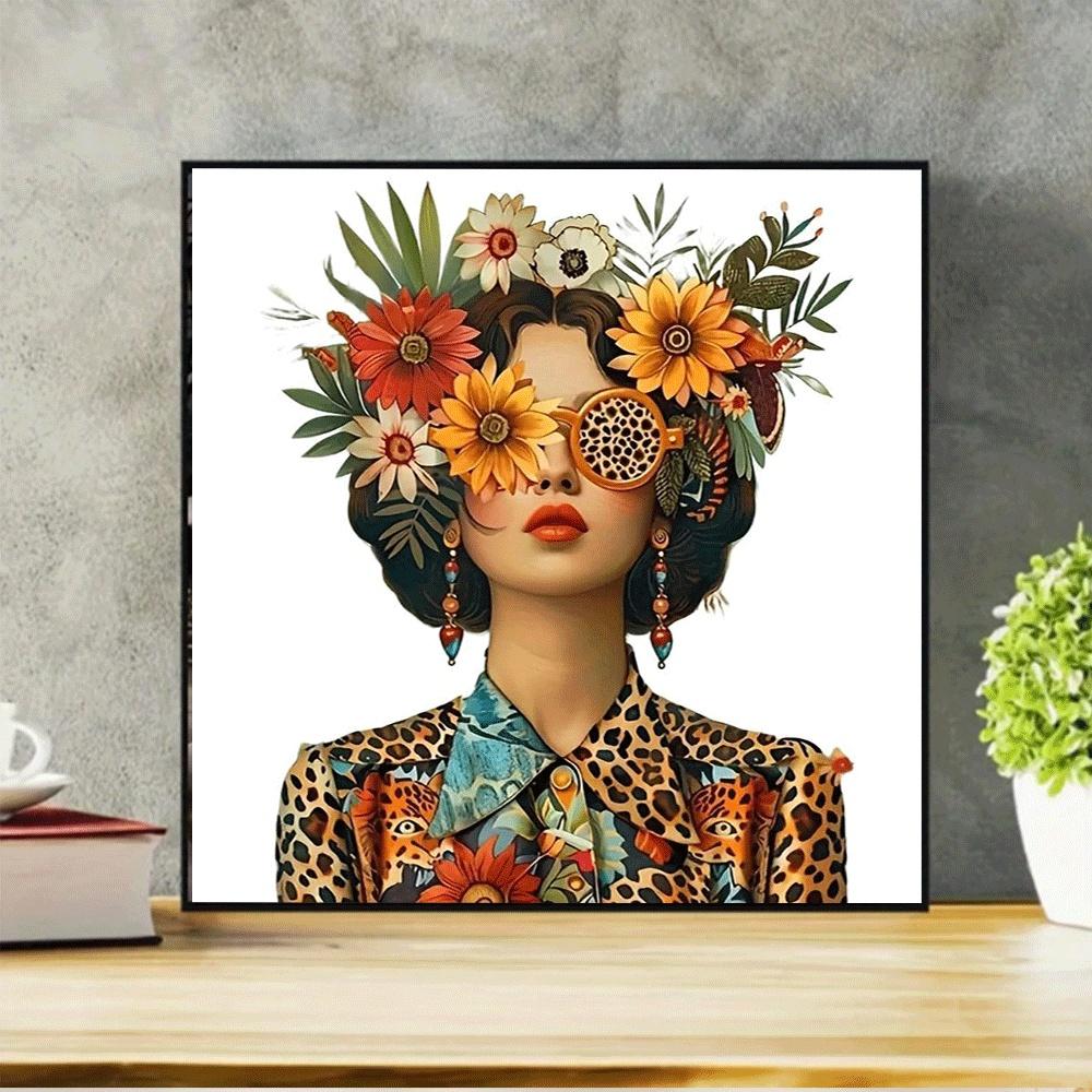 1PC 5D diamond painting 2D flat printing Diamond Painting Kit for Adults DIY Flower Leopard Print Art Home Decor with Sunflower Headpiece Design Rhinestone Embroidery Craft Supply