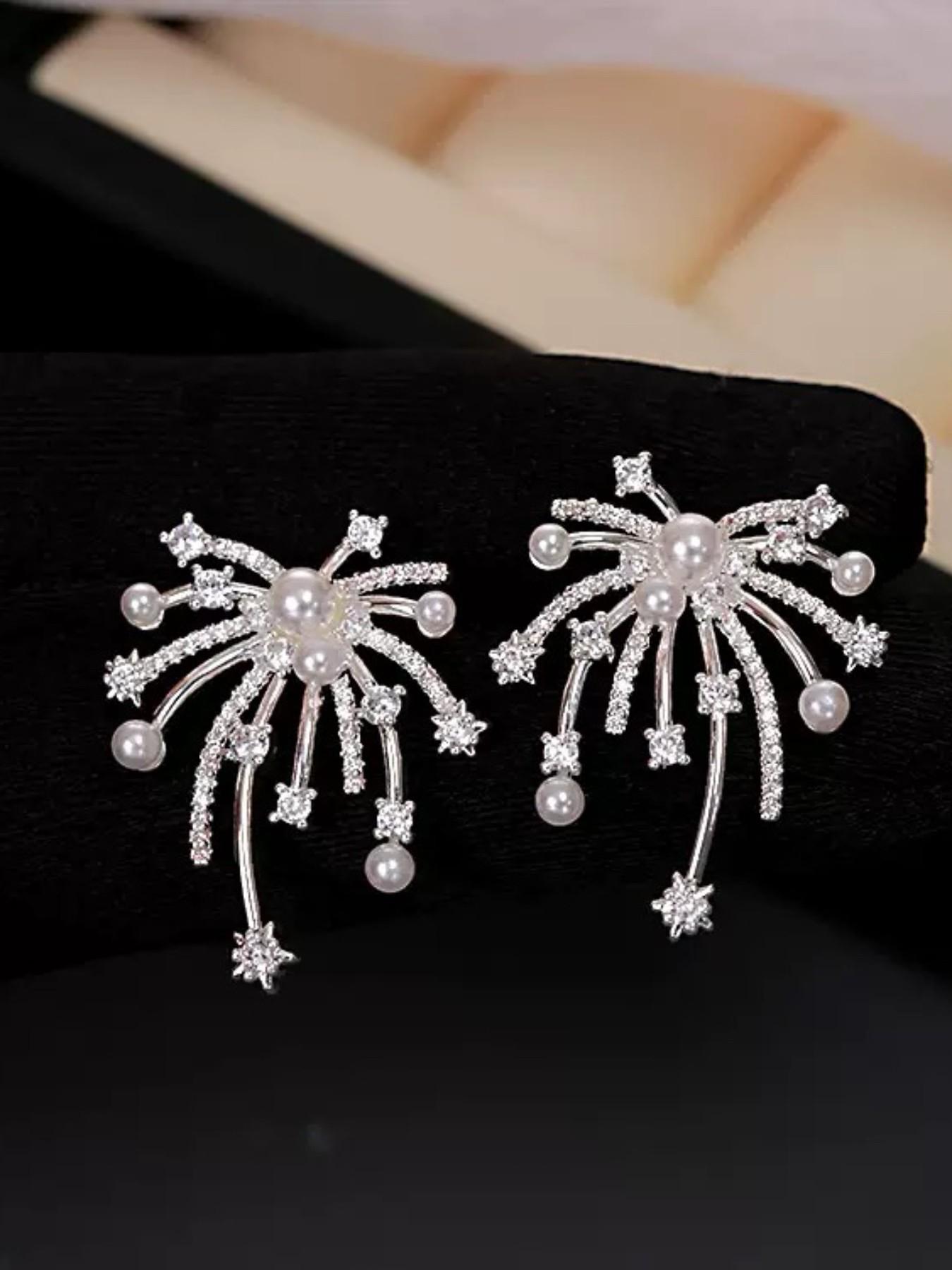 Silver Color Firework Pearl Earrings, Luxury Rhinestone Design, Dangle Style, Titanium Steel, Fashionable Women's Jewelry