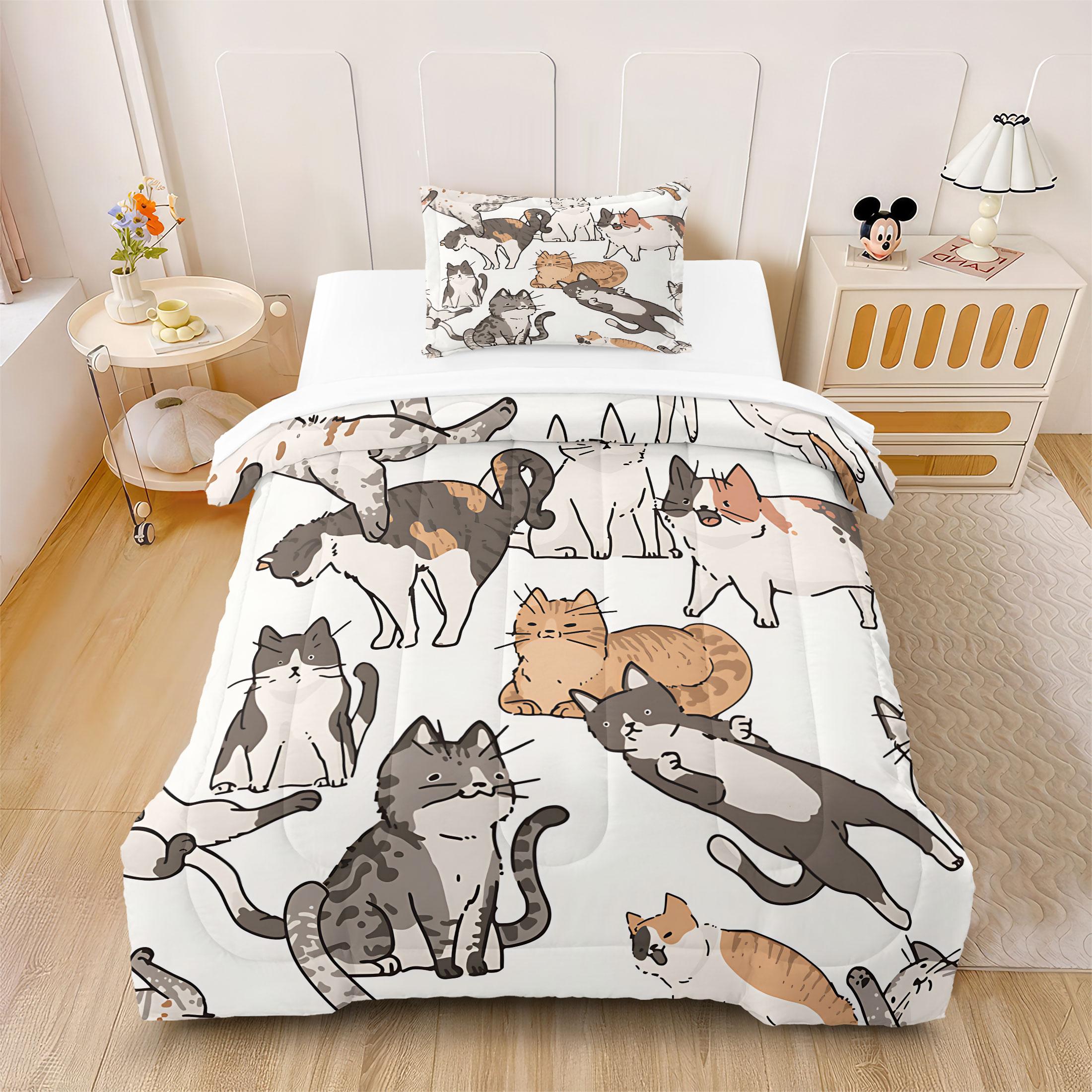 2/3 Pcs Funny Cute Cat Digital Print Comforter Set, Cartoon Kitten Themed Bedding Set, Soft Warm Breathable & Fade Resistant, Perfect for Cat Lovers Bedroom Dorm Guest Room Decor, All Season Cozy Use - Without Pillow Insert