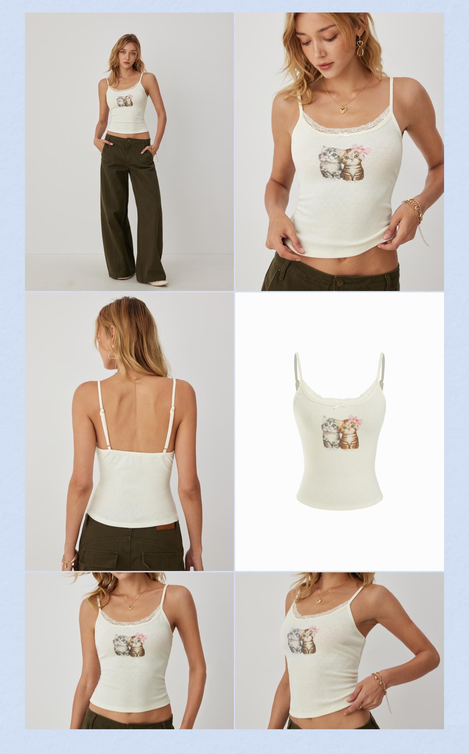 Cider Pointelle Cat Graphic U-neckline Lace Trim Bowknot Cami Top