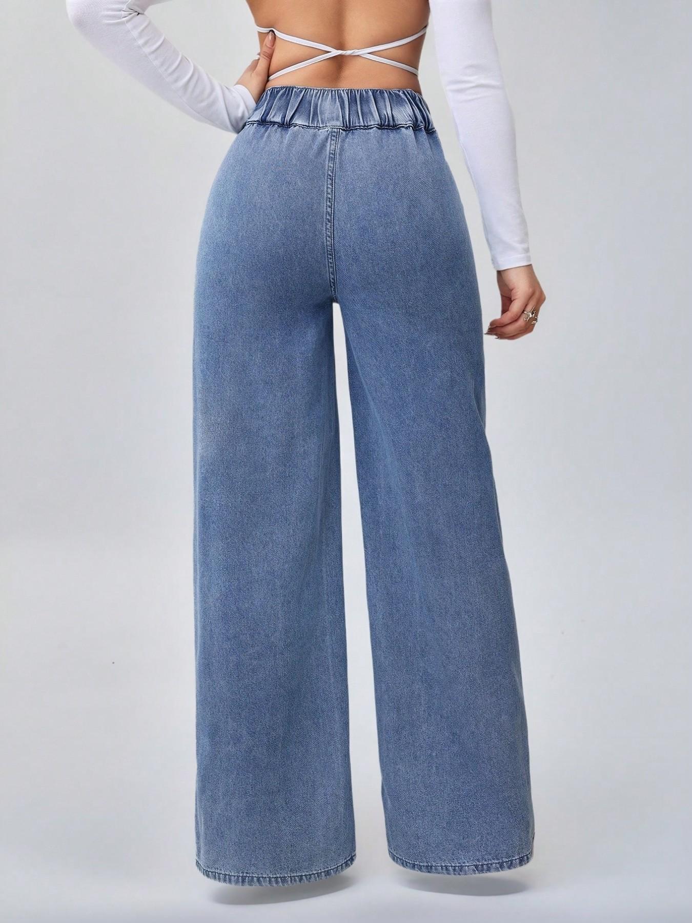Women's Vintage Elegant High Waist Wide Leg Jeans, Button Front Elastic Waist Loose Fit, Casual Fashion Pants for All Seasons
