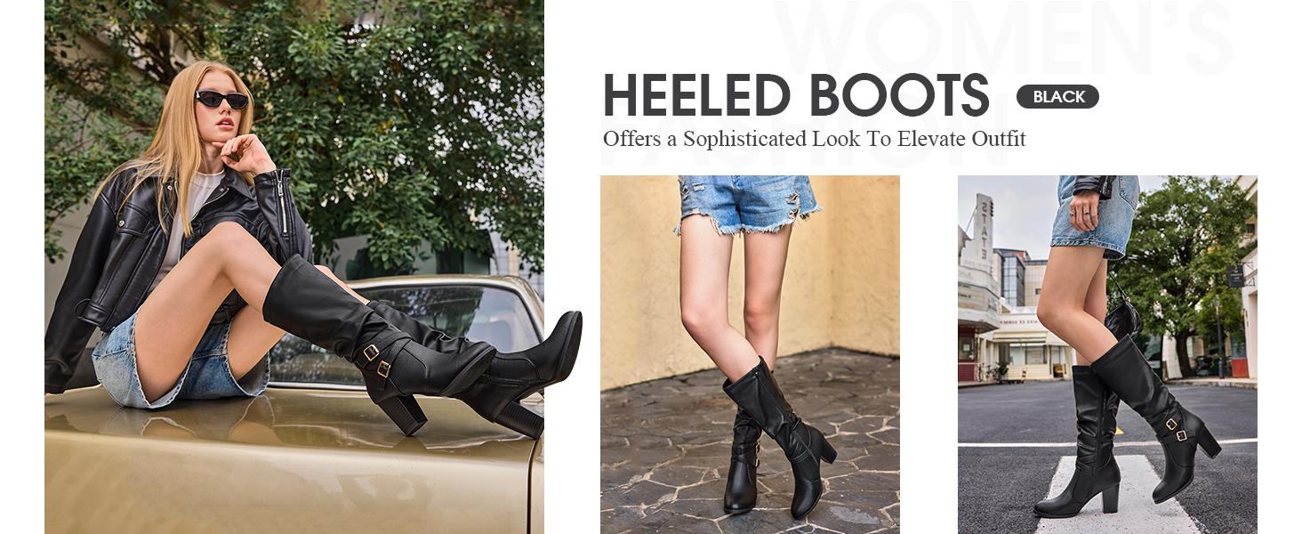 Coutgo Womens Mid Knee High Boots Chunky Heel Slouchy Metal Buckle Side Zipper Fashion Winter Shoes