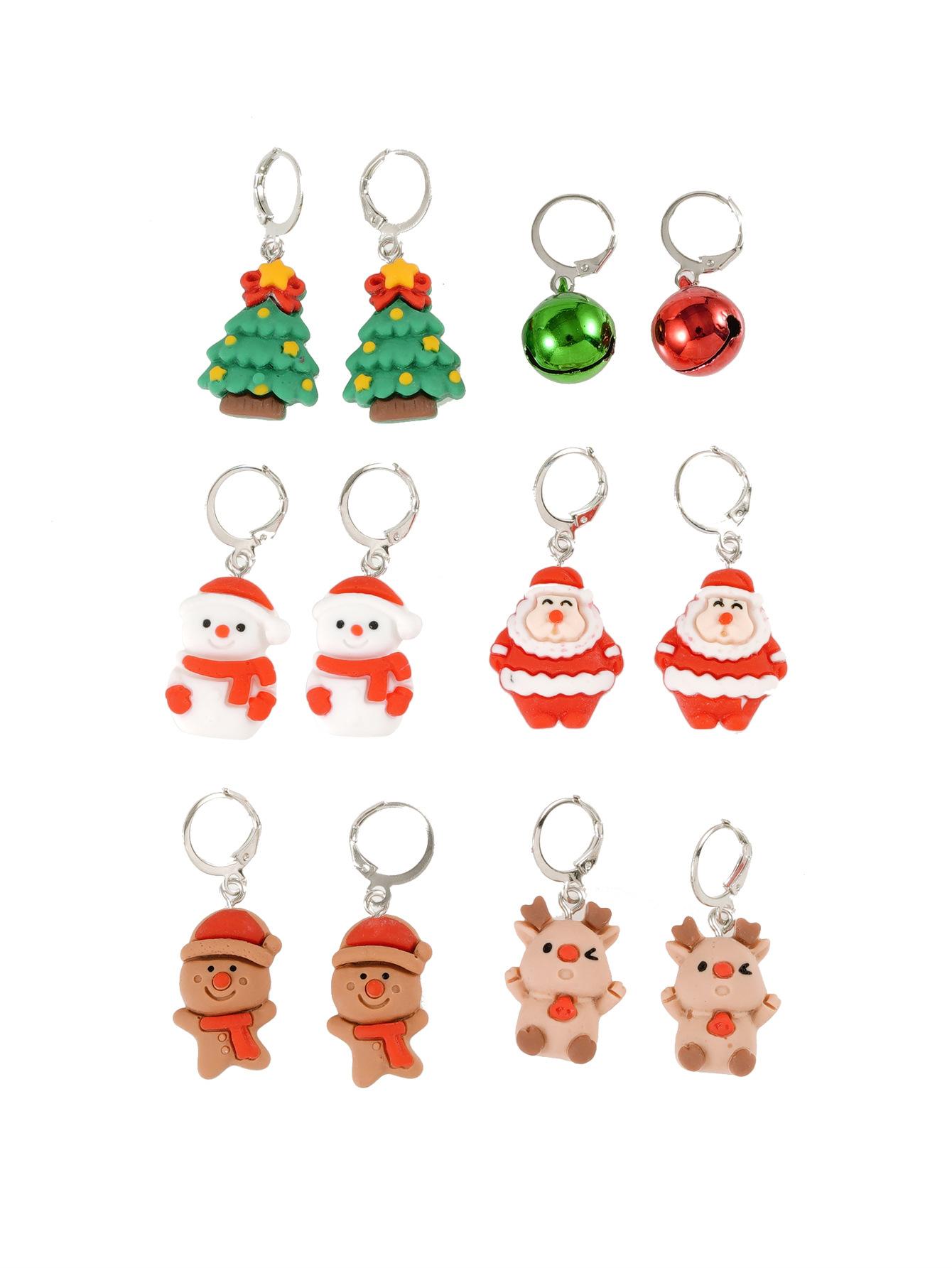 6 Sets of Fashionable Santa Reindeer Resin Tree Bell Earring Ear Hooks Gift