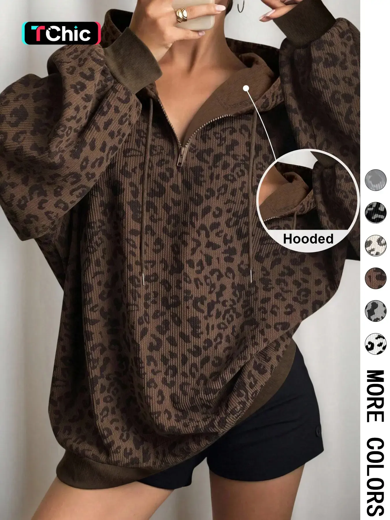 Women's Leopard Print Half Zip Hoodie Oversized Silhouette Drop Shoulder Long Sleeves Ribbed Trim Detail Drawstring Hood Trendy Streetwear Style Perfect for Daily Wear Casual Outings Sweatshirts