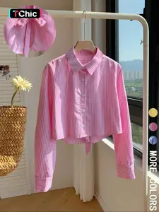 Women's Striped Print Shirt, Casual Long Sleeve Collared Top for Daily Wear, Ladies Clothes for All Seasons