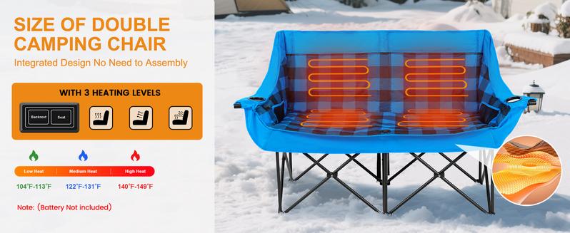 Lilypelle Oversized Heated Double Camping Chair Folding Camping Loveseat 2 Person Padded Camping Couch Heavy Duty Lawn Chairs for Outside Camping, Lounge Patio