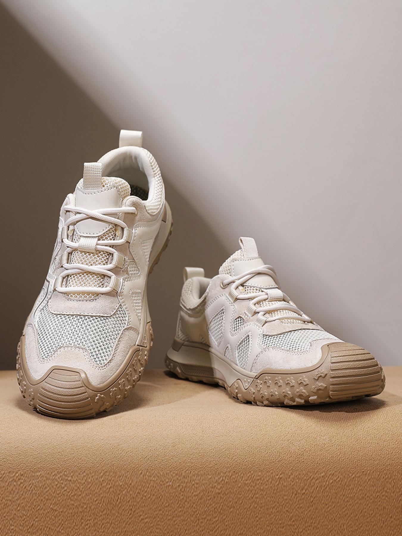 Men's Solid Color Mesh Breathable Outdoor Hiking Shoes Drawstring Toe Cap Trekking Shoes Non-Slip Wear-Resistant Casual Sneakers