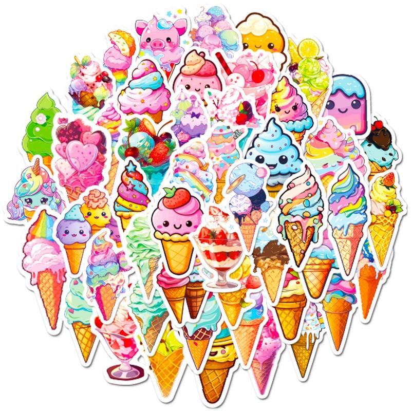 50 sheets colorful ice cream cone stickers, featuring an Instagram-inspired summer theme, showcasing cute designs of chocolate ice cream cones and graffiti-style stickers