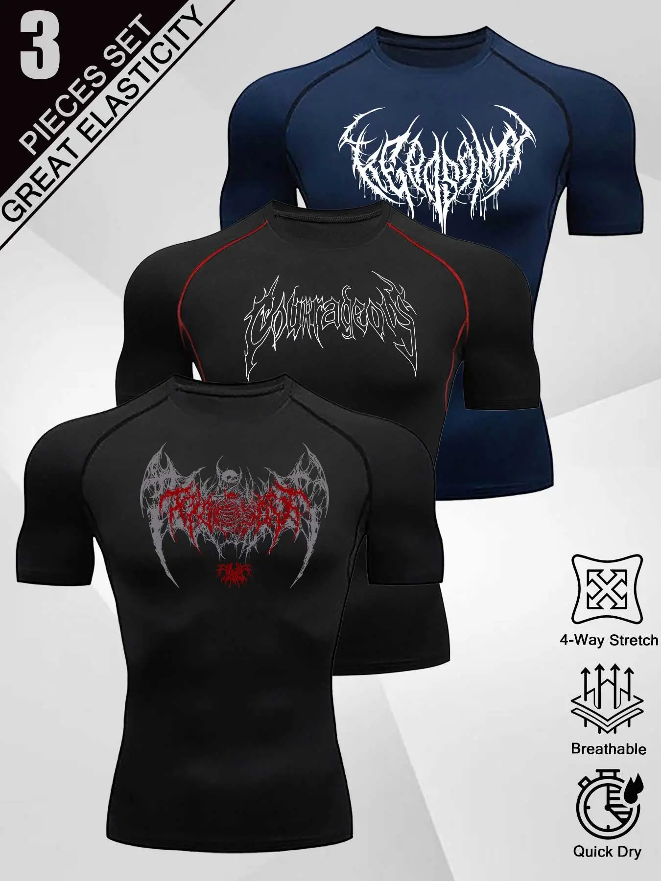 2/3 Pack Men'S Compression Shirts Crew neck sports short-sleeved shirt with Y2K Gothic-style print, High Elasticity Quick-Dry Athletic Tees, Breathable Short Sleeve Gym Workout Tops for Running And Weightlifting, Bodybuilding Base Layer T-Shirts.