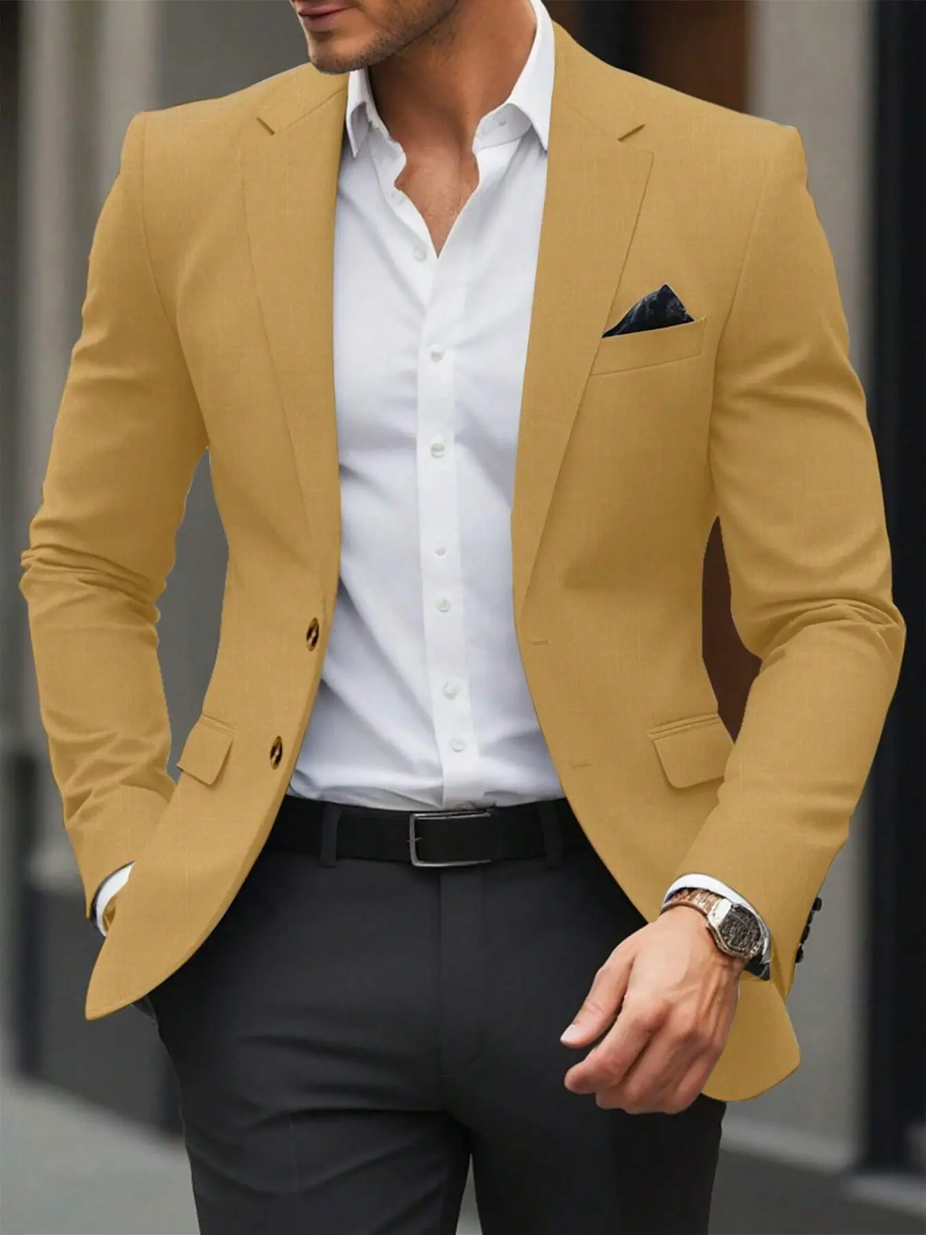 Men's Fashion Polyester Slim-Fit Two-Btn Notch Lapel Blazer, Casual Long Sleeve Jacket with Pockets, Wedding Party Daily Wear, All-Season Gentlemen Coat