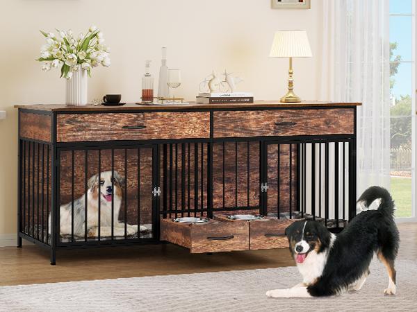 DWVO Double Dog Crate Furniture with Feeder, Indoor Dog Kennel for Large Breed with Storage, Wooden Dog Crate TV Stand Table for Dogs