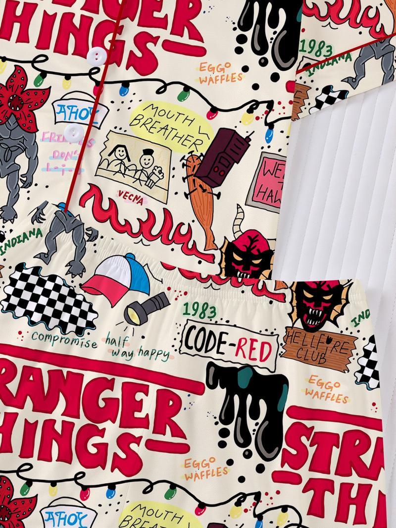 Stranger Things Kids Pajama Set, Cartoon Print Short Sleeves & Loose Fit Shorts, Casual Home Wear for Boys Girls