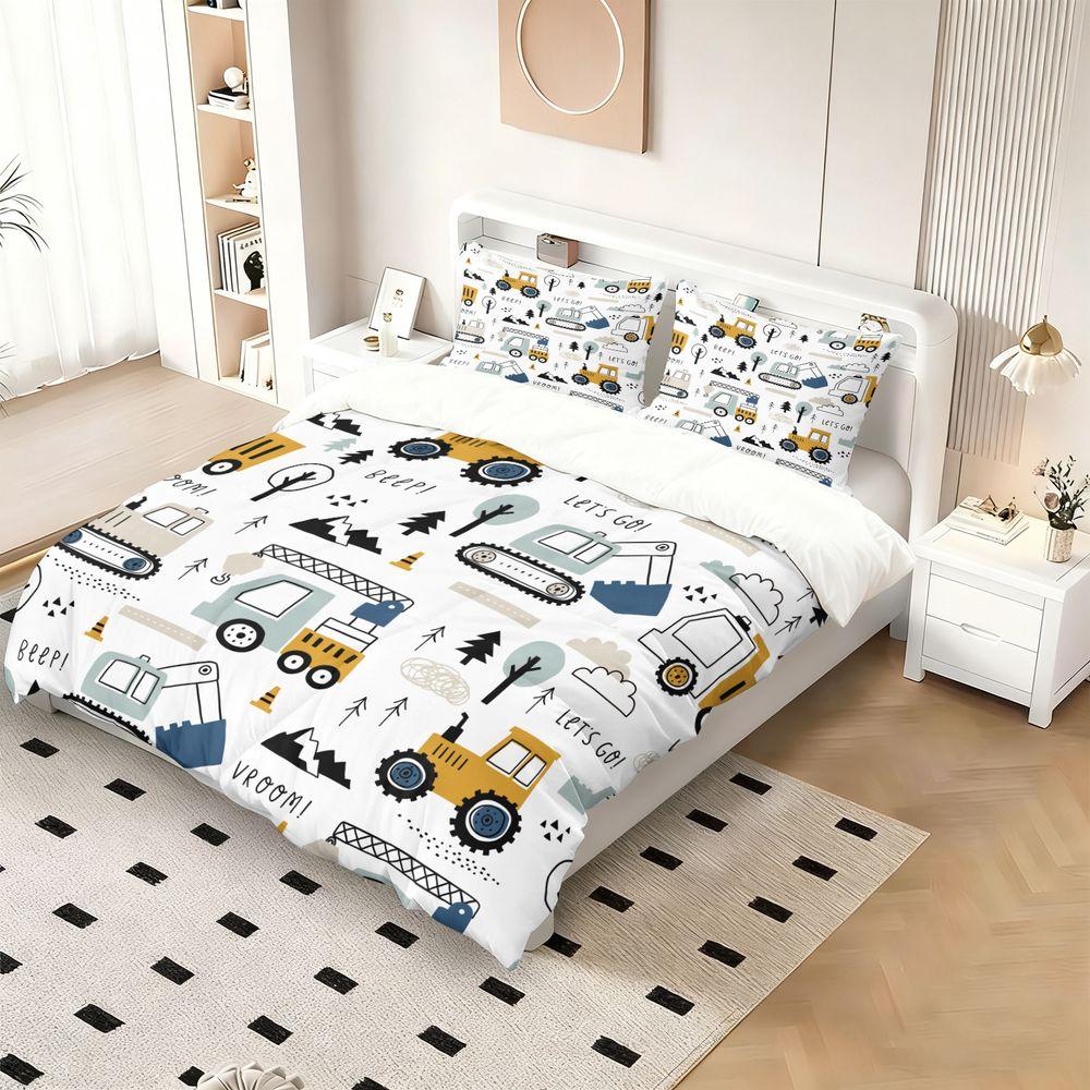 2/3Pcs Kids Construction Duvet Cover Set, Cute Cartoon Trucks Bedding Set, Boys Bedroom Decor Duvet Cover with Pillowcase, Soft Breathable Bedding for Toddler Kids Room No Fillers