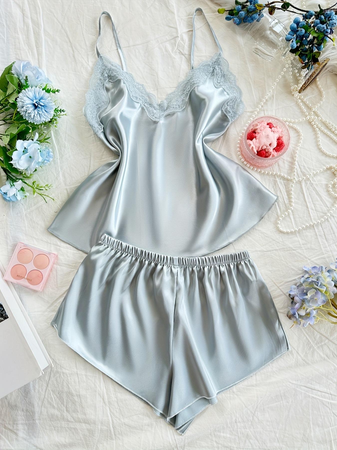 Luxurious Contrast Lace Satin Woven Fitted Pajama Set, Elegant Sleep & Leisure Wear, Comfortable Women's Nightwear, Stylish Design, Lingerie, Womenswear