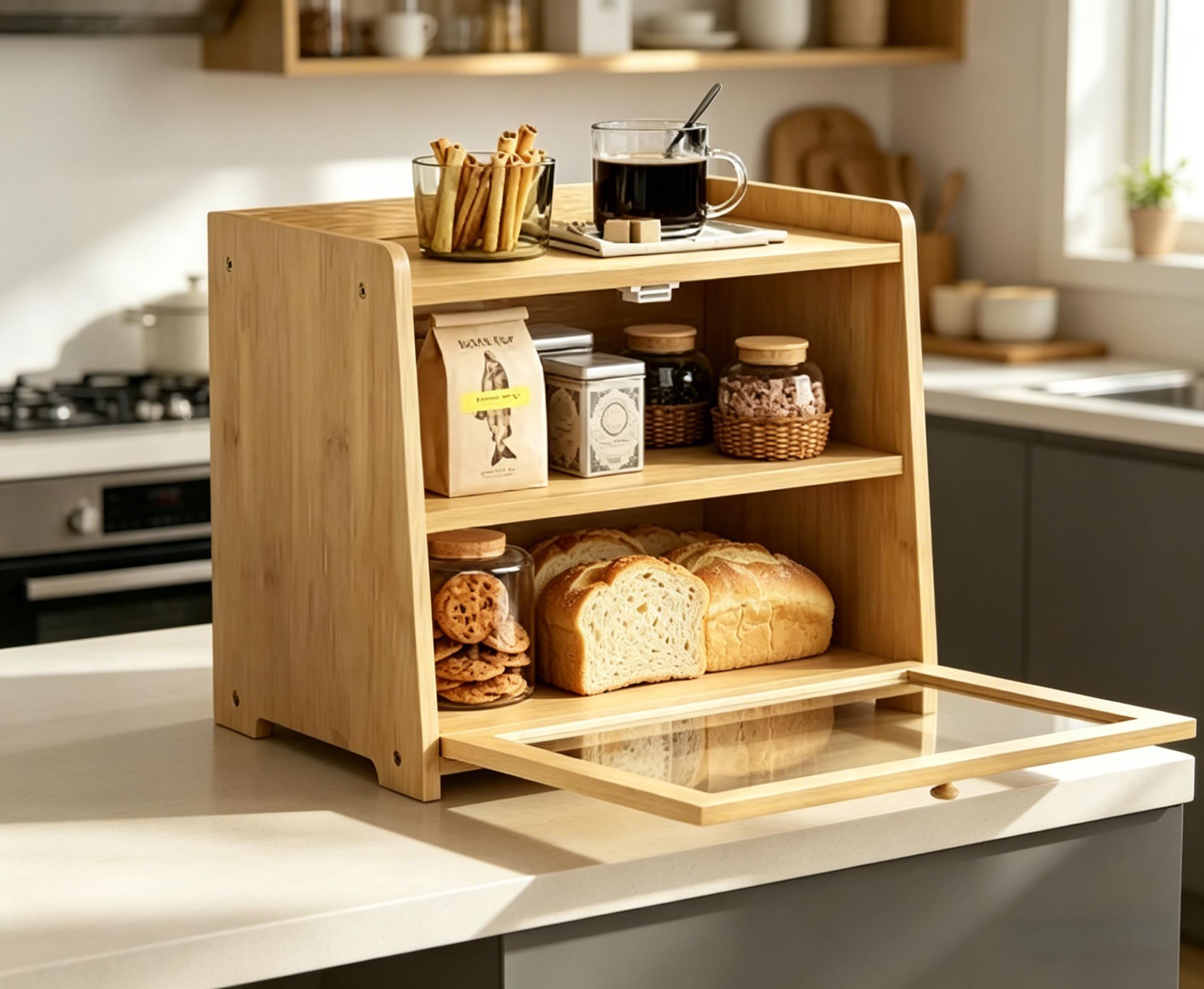 [HUOMAQFAN] Bamboo Bread Box, 2-Tier Countertop Kitchen Storage Bin with Lid and Clear Acrylic Window, Large Capacity for Bread, Fruit & Snacks, Food Freshness Organizer