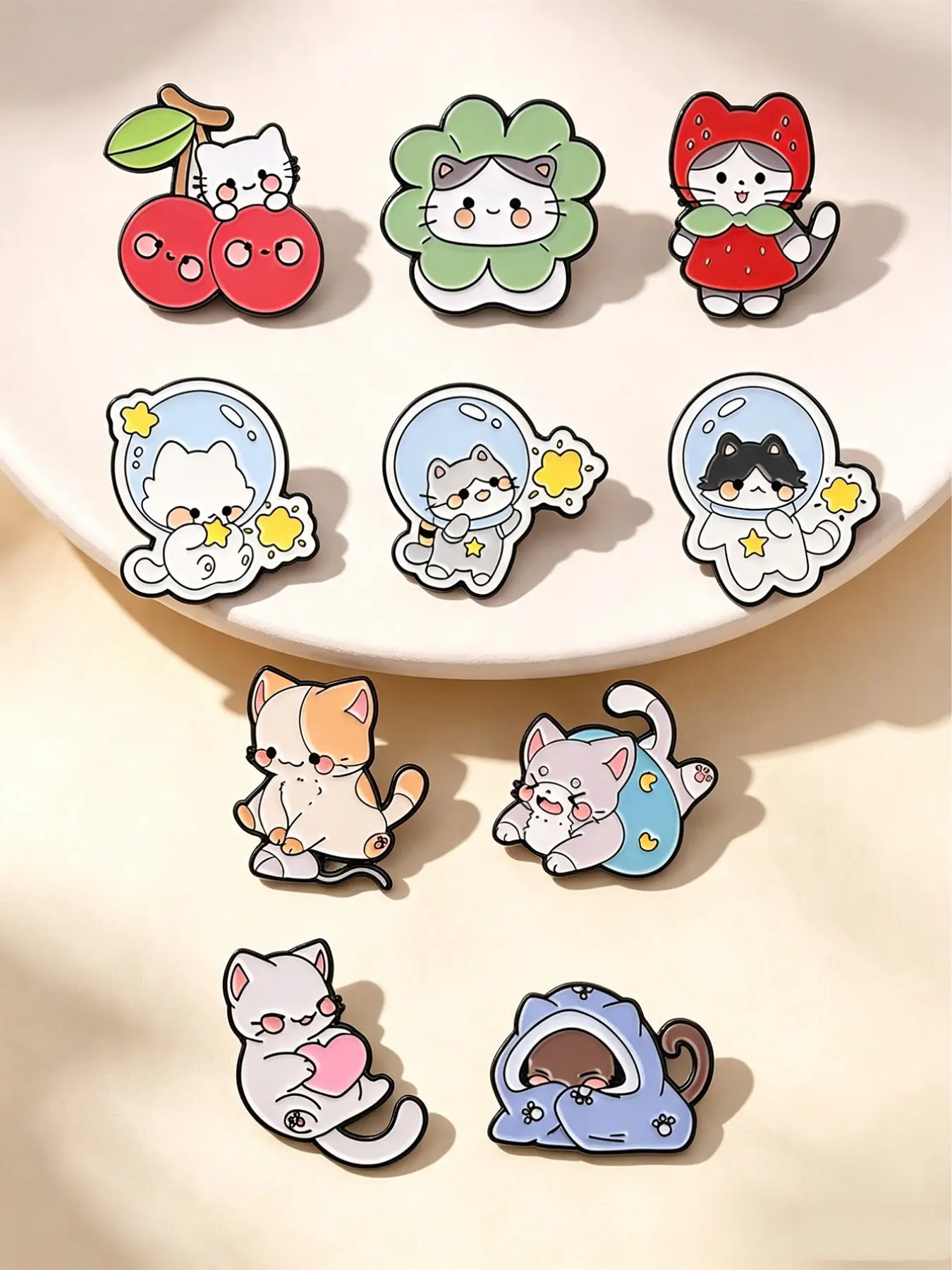 10pcs Cute Cartoon Cosplay Cat Enamel Pins, Fun Astronaut Cherry Strawberry Cat Badges, Fashion Accessory for Clothes and Backpacks, Lovely Gift for Cat Lovers