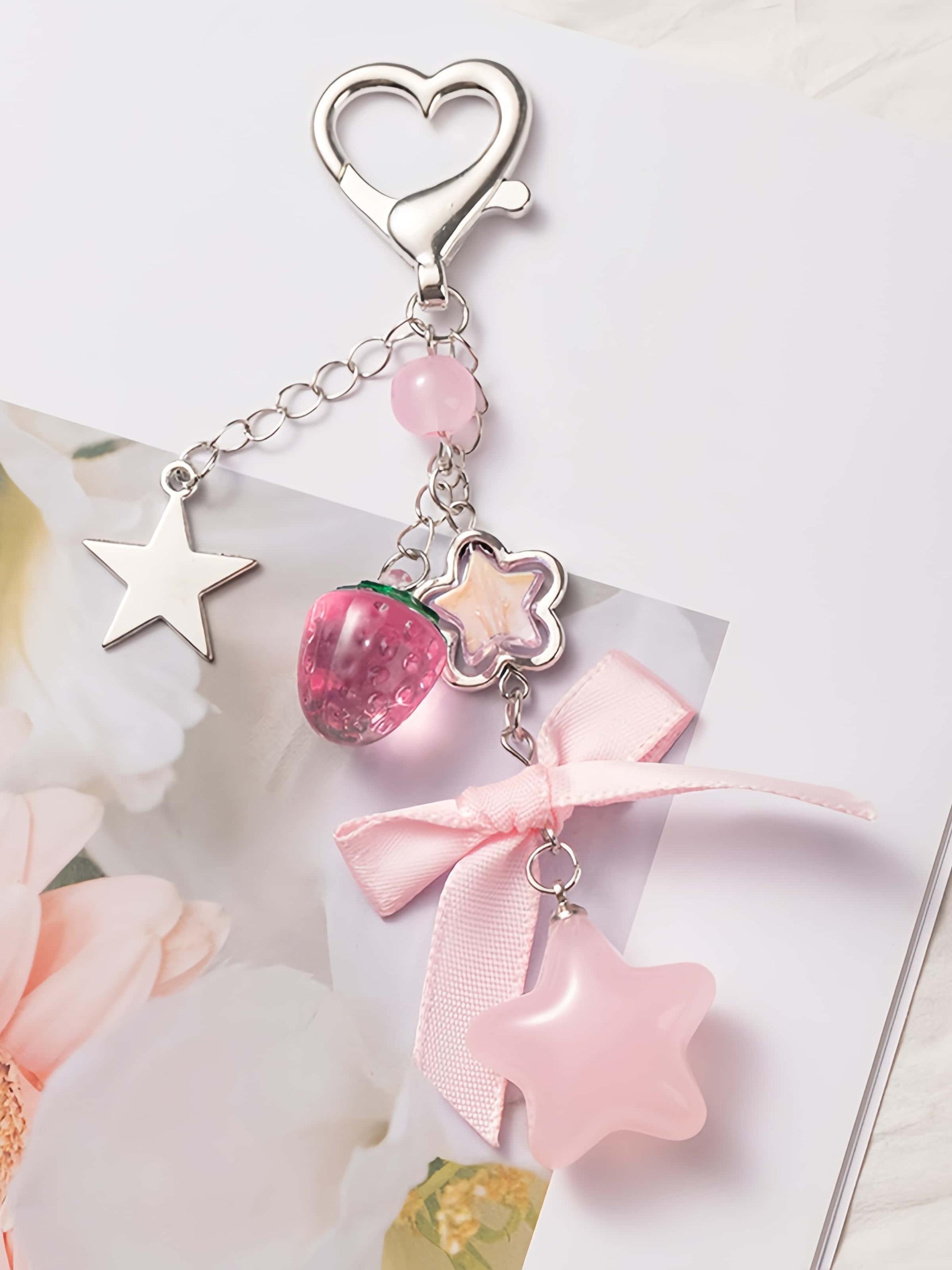 Style Soft Strawberry Star Keychain, Heart Clip + Transparent Strawberry + Matte Star, Bag Charm, Earphone Case Decor, Unique Gift for Friends