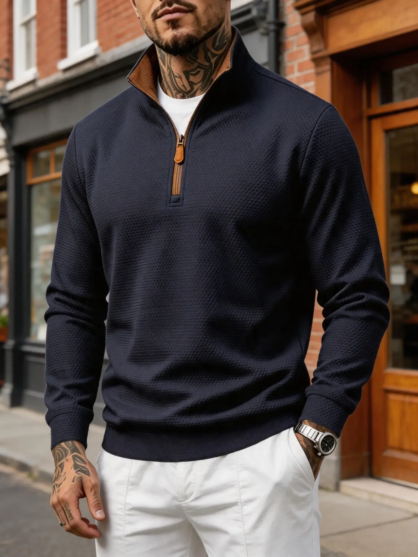 Men's Waffle Half-Zip Stand Collar Knit Pullover, Textured 1/4 Zip Long Sleeve Top, Business Casual Fall Winter Sweatshirt, Knitwear