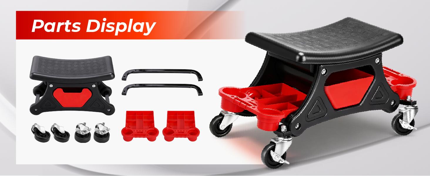 Heavy Duty Rolling Mechanic Stool with Casters, 300 LBS Capacity, Slide-Out Tool Trays & Drawer, Car Repair Tools for Mechanics’ Repair Work (Red)