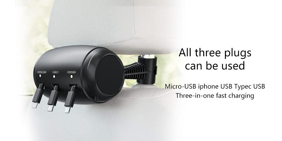 Ohlpro Retractable Backseat Car Charger, 3-in-1 Headrest Charging Station Box for Uber Lyft Taxi & Road Trips