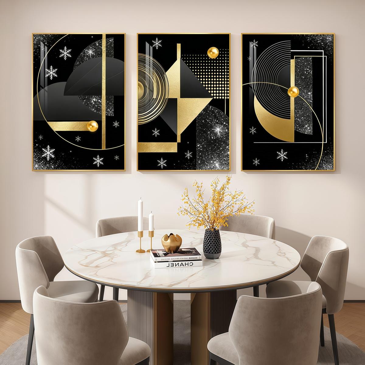 3 Counts Aluminum Alloy Framed Painting, Geometric Gold And Black Abstract Art Pictures, Home Decoration For Living Room, Bedroom, Office, Restaurant, Hallway Wall Decor, Odorless Print Artwork, Luxury Perfect Gift For Friends And Family