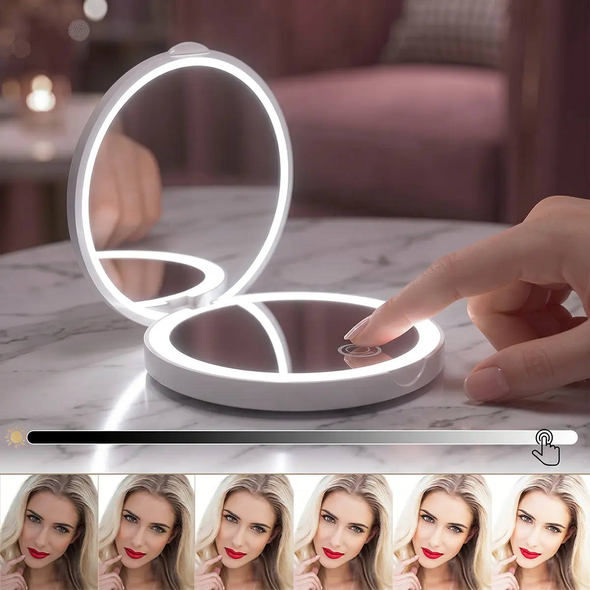 Portable LED Light Pocket Mirror (90mm),2X Magnification Compact Travel Cosmetic Mirror with Light for Purse, 2-Sided, Folding, Handheld, Illuminated Mirror, Led Makeup Mirror, Lighted Makeup Mirror