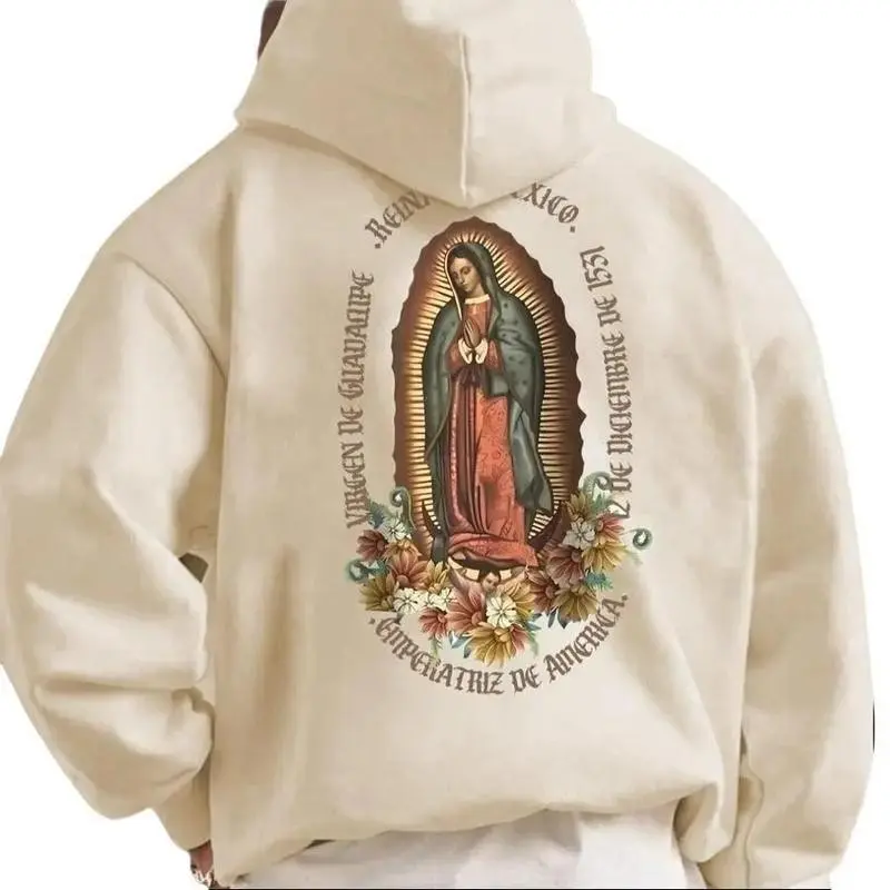Virgin Mary Graphic Faith Inspired Pullover Hoodie, Christian Religious Sweatshirt for Daily Wear, Trending Hooded Sweatshirt for Men and Women