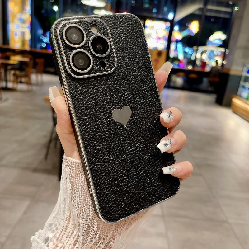 Luxury Solid Color Leather Plating Border Love Logo Phone Case For iPhone 16 Pro Max 14 11 12 13 15 Pro Max Bumper Back Cover