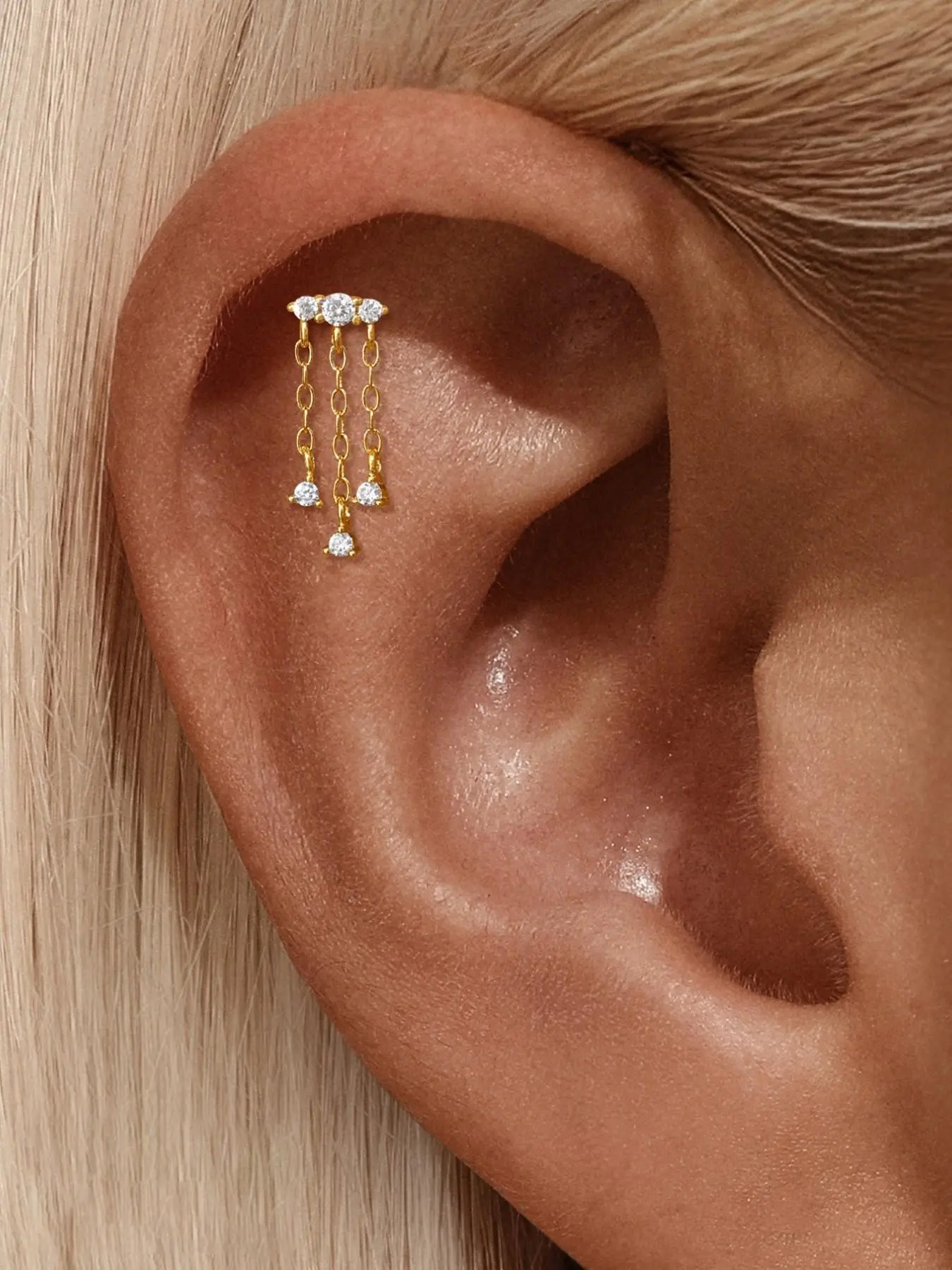 Waterproof 18K Gold Plated S925 Sterling Silver Tassel Earring | 1PC Multi Size CZ Diamond Chain Drop Flatback Cartilage Ear Studs | Tarnish Free Sleep Safe Shower Safe | Hypoallergenic Celestial Ear Stacking Gift