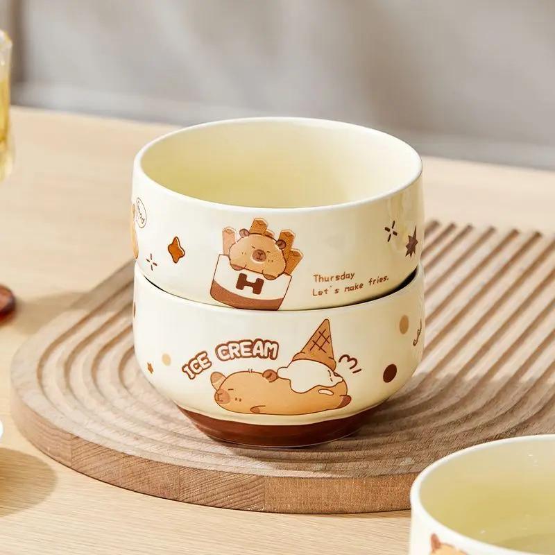 4 Pcs Cute Kapibala Ceramic Bowl Cartoon Anti-scald Soup Bowl Home Kitchen Noodle Ramen Tableware Bowl
