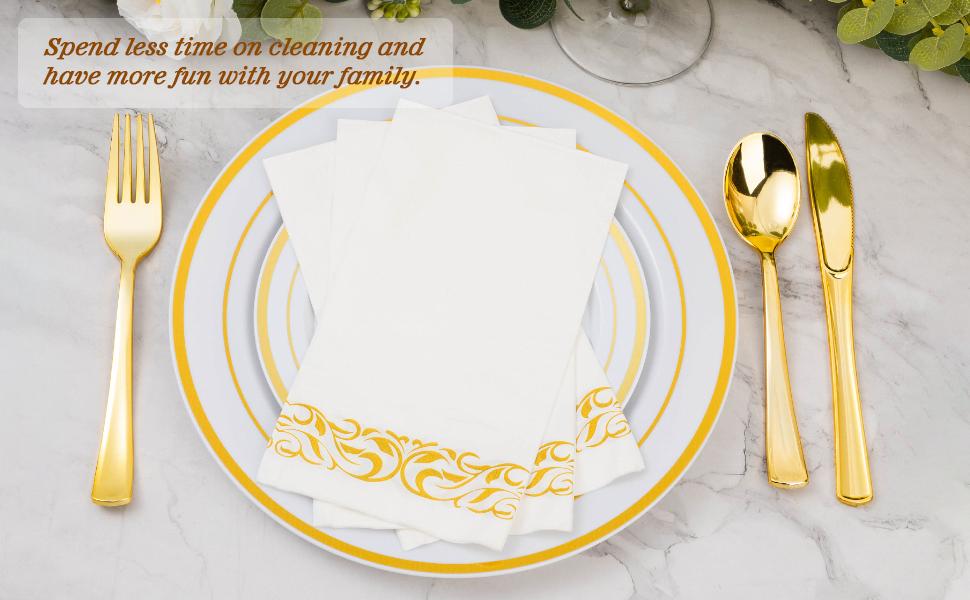 GOODLUCK 100-Pack 3-Ply Disposable Napkins with Gold Trim Soft Absorbent & Durable for Parties Weddings Events Elegant Set for Any Occasion