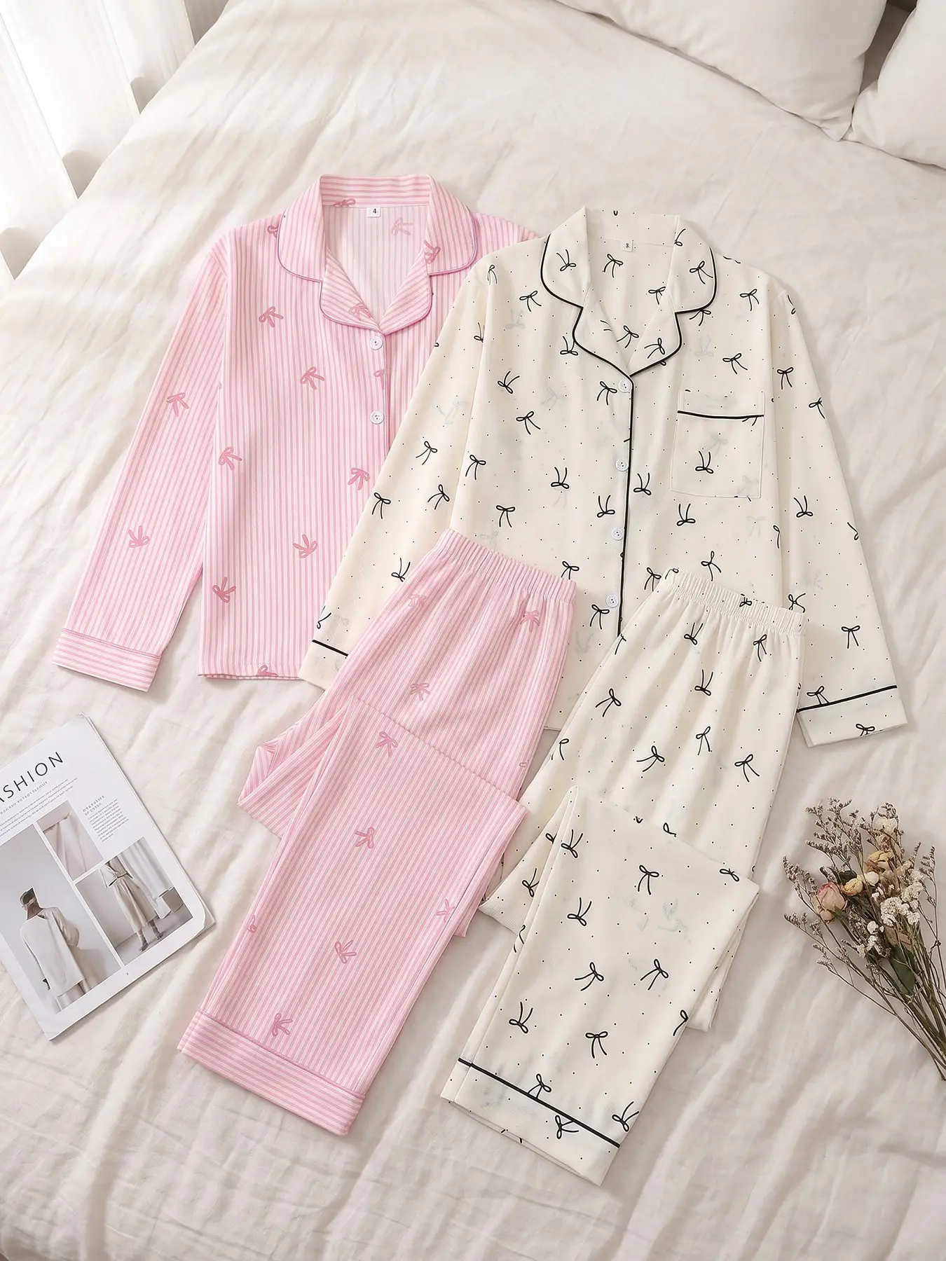 Women Two Sets Open Front Long Sleeve Top & Long Pants Pajama Set, Wearable All Seasons. Cute bow print loungewear. Lapel open style, two print designs for casual home leisure. Pj Set