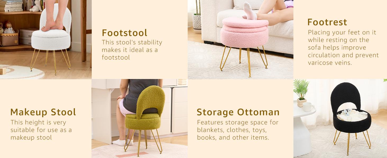 Storage Ottoman Vanity Stool Chair with Folding Back Teddy Velvet Makeup Chair Multifunctional Upholstered Footstool,4 Metal Legs with Anti-Slip Feet for Bedroom Living Room Entryway
