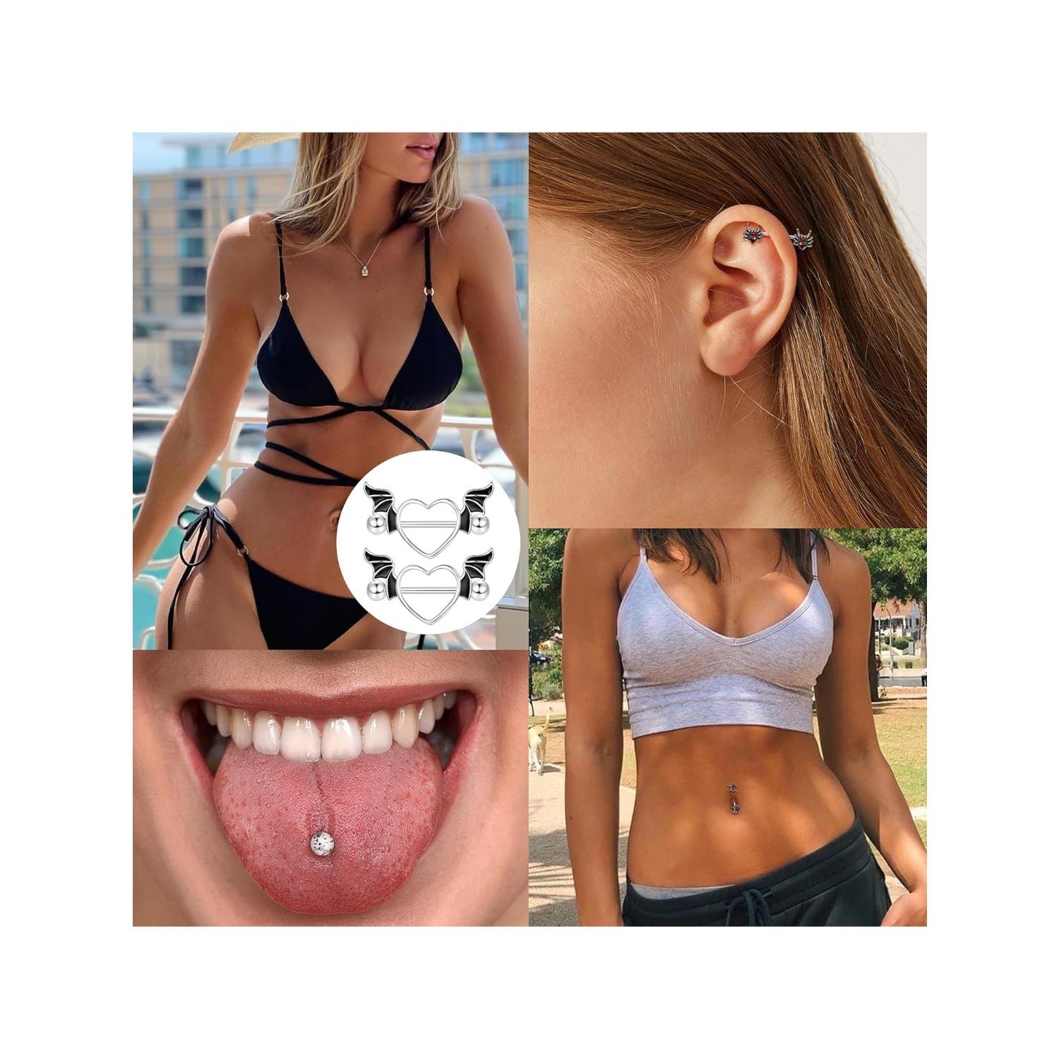 7 Pairs 14G Nipple Rings 316L Surgical Steel Nipple Piercing CZ Heart Butterfly Barbell Tongue Rings Set Cute Nipple Tongue Piercing Jewelry for Women Body Jewellery
