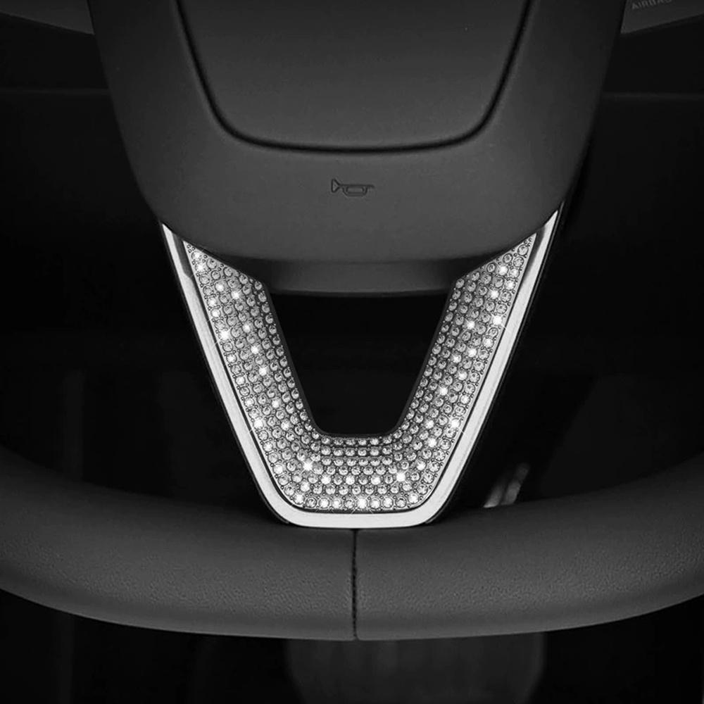 Sparkling Rhinestone Steering Wheel Sticker - Adjustable Aluminum Alloy Veneer Decoration for Car Interior, White & Black Design, Easy Installation, Enhances Grip & Style, Steering Wheel Accessory, Glossy Finish