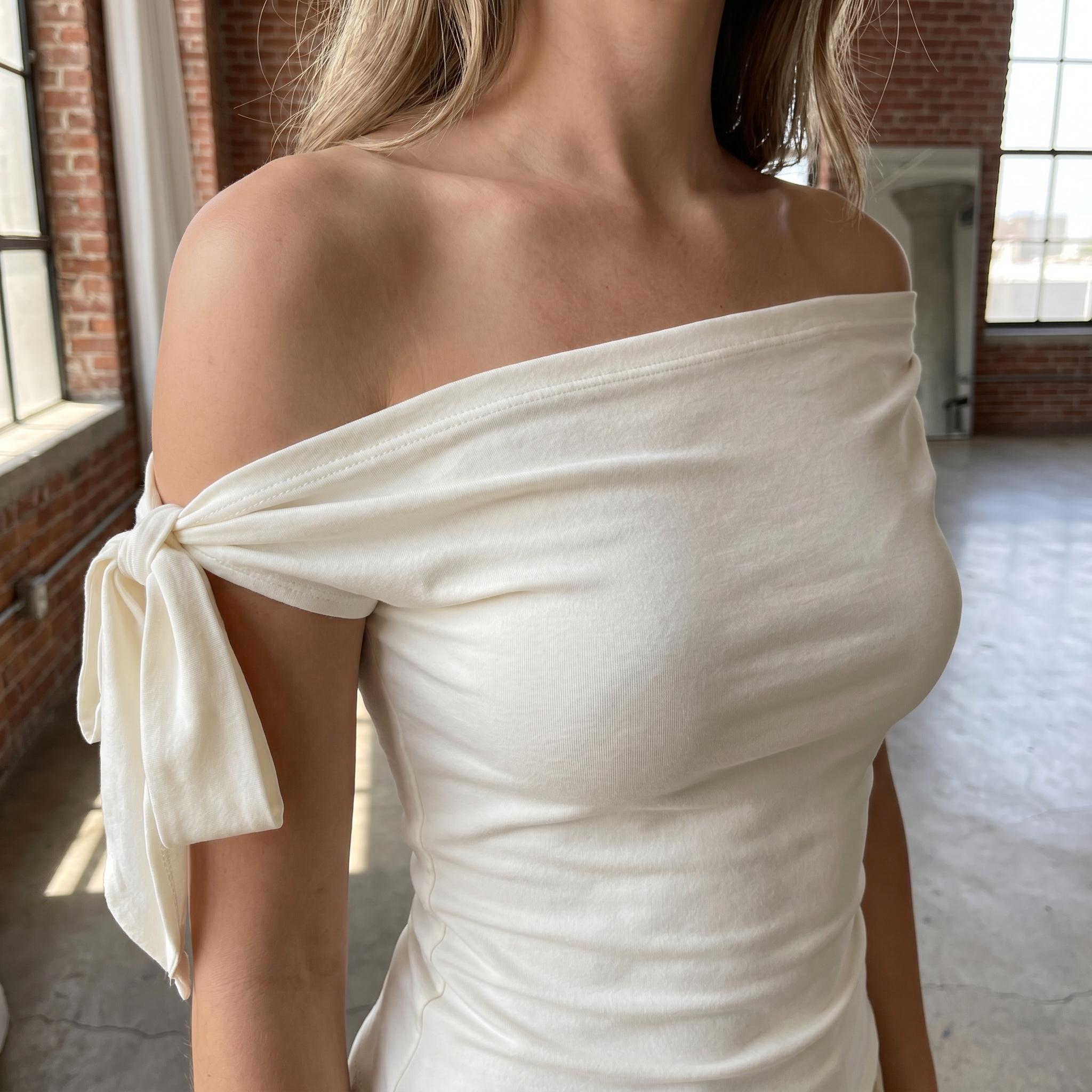 Women's Asymmetrical Off-Shoulder Top - Tie Knot Sleeve Ruched Blouse - Elegant Slim Fit One-Shoulder Shirt Women's Asymmetrical Off-Shoulder Top - Tie Knot Sleeve Ruched Blouse - Elegant Slim Fit One-Shoulder Shirt