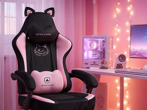GTPLAYER Pink Gaming Chair Cute with Cat Ears Paw Lumbar and Cushion,Ergonomic Computer Chair with Footrest,Reclining PC Game Chair for Girl Computer Chair 300lbs for Adult