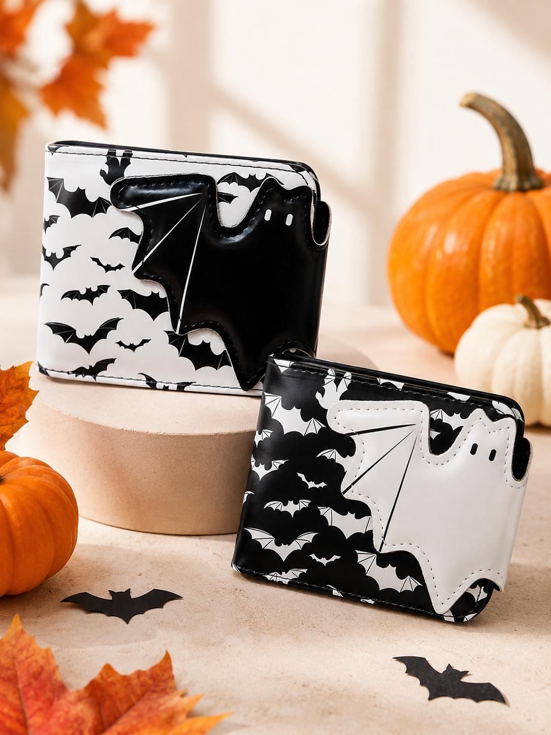 Bat Print Bi-fold Short Wallet, Unisex Gothic Halloween PU Leather Wallet, Coin Zipper, Card Slots, Photo Slot, Fashion Accessory Bat Print Bi-fold Short Wallet, Unisex Gothic Halloween PU Leather Wallet, Coin Zipper, Card Slots, Photo Slot, Fashion Accessory