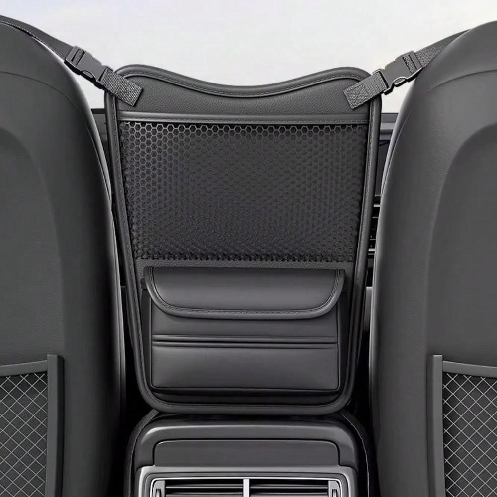 Car Organizer Storage Between Seats, PU Leather Front Seat Storage Bag with Tissue Holder, Automotive Console Hanging Net Pocket Handbag Holder for Phone Document