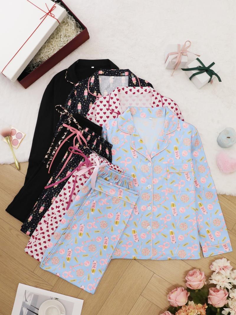 Women's All Over Print Lapel Neck Pajama Set, Long Sleeve Button Top & Tie Front Pants PJ Set, Casual Comfy Loungewear Set for Women