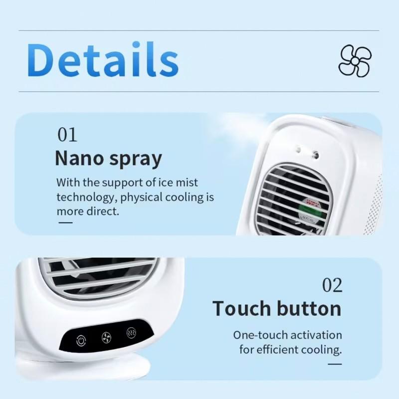 Portable Air Conditioner Humidifier, 3 Speed Settings, 2 Spray Modes, 280ML Water Tank, Cooling Fan, Ideal for Small Rooms, Hiking, Rotatable Function