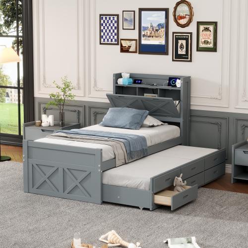 [Bellemave]Twin Size Wooden Bed with Storage Headboard with Outlets, Extendable Bed with Twin Size Trundle with Three Storage Drawers