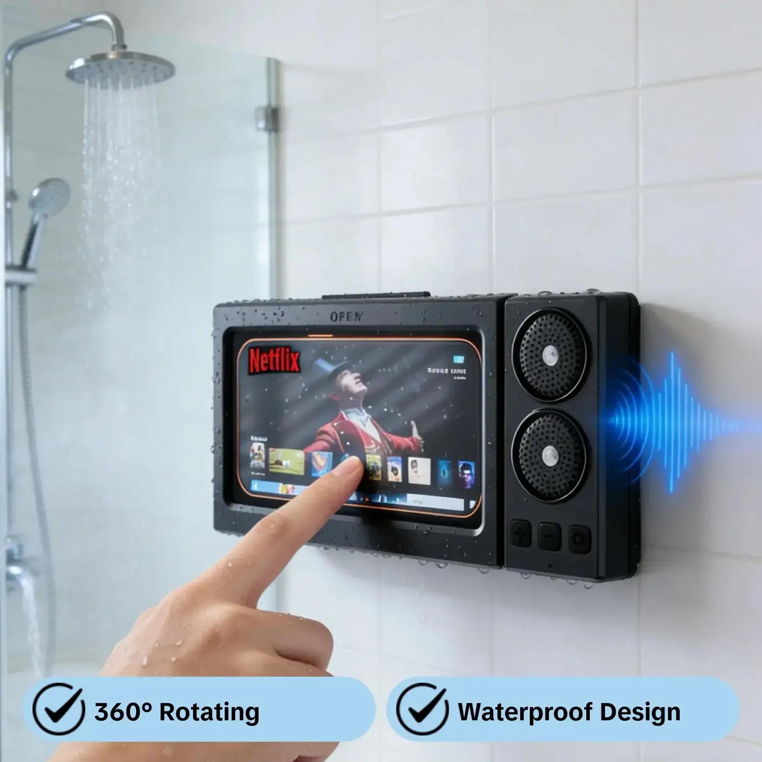 Waterproof box speaker, bathroom waterproof 360 ° rotating touch screen, Bluetooth speaker, watch movies, listen to music, phone holder Bluetooth speaker audio shower TV holder, swimming pool, kitchen, bathroom, sink, Portable Wireless Speaker
