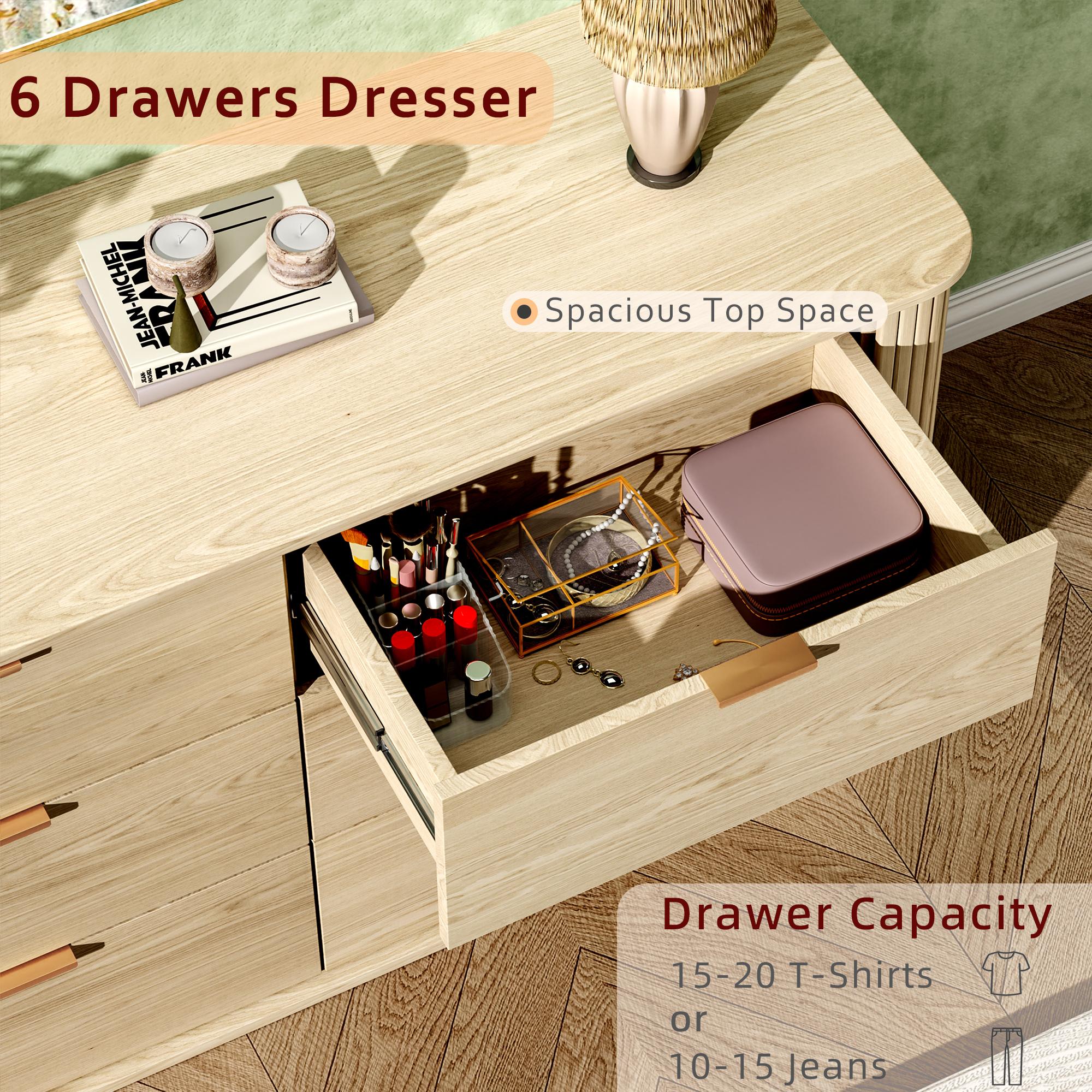 Mid-Century Modern Fluted 6-Drawer Dresser - Curved Profile Design, Solid Oak Wood Storage Cabinet for Bedroom, Living Room, Entryway, or Hallway, Multi-Functional TV Stand & Chest of Drawers