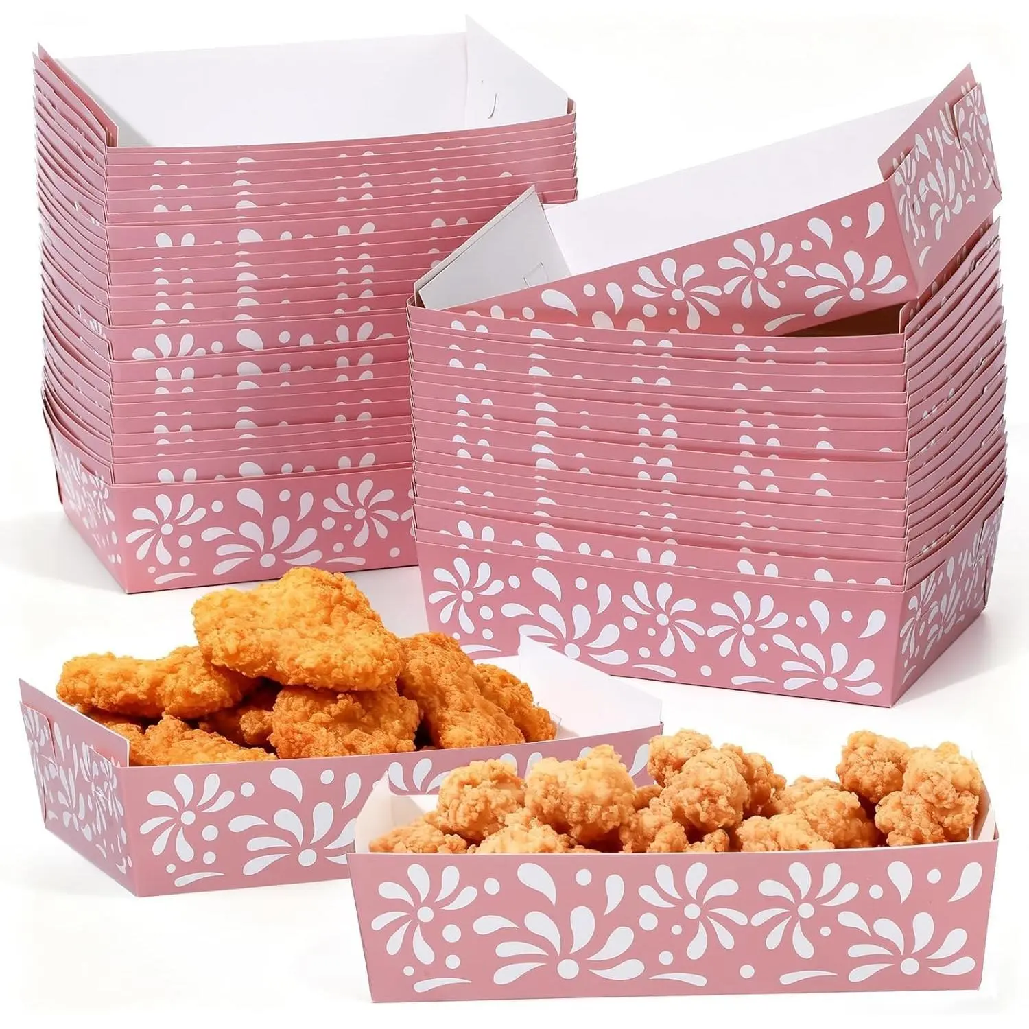 50PCS Pink Platos Barro Cielito Lindo Trays Mexican Party Decoration Cielito Lindo Paper Tray Disposable Mexicanos Nacho Food Container for Wedding Baby Shower Talavera Birthday Party Supplies