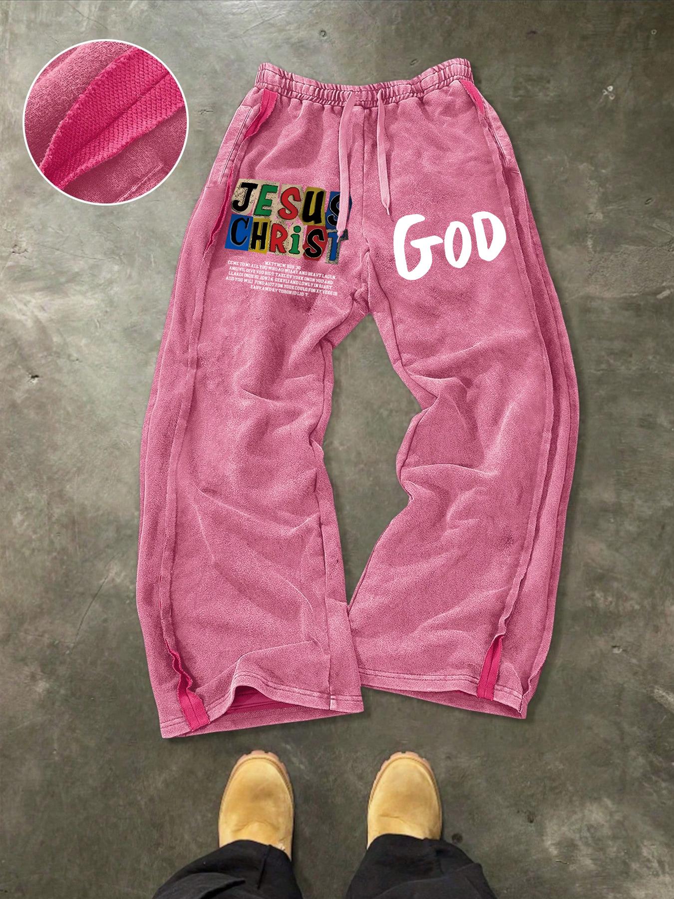 Men's Washed Cotton Sweatpants, Side Hem Stitching Long Pants, Jesus Print, Multiple Colors Available, Casual Fitted H-Type
