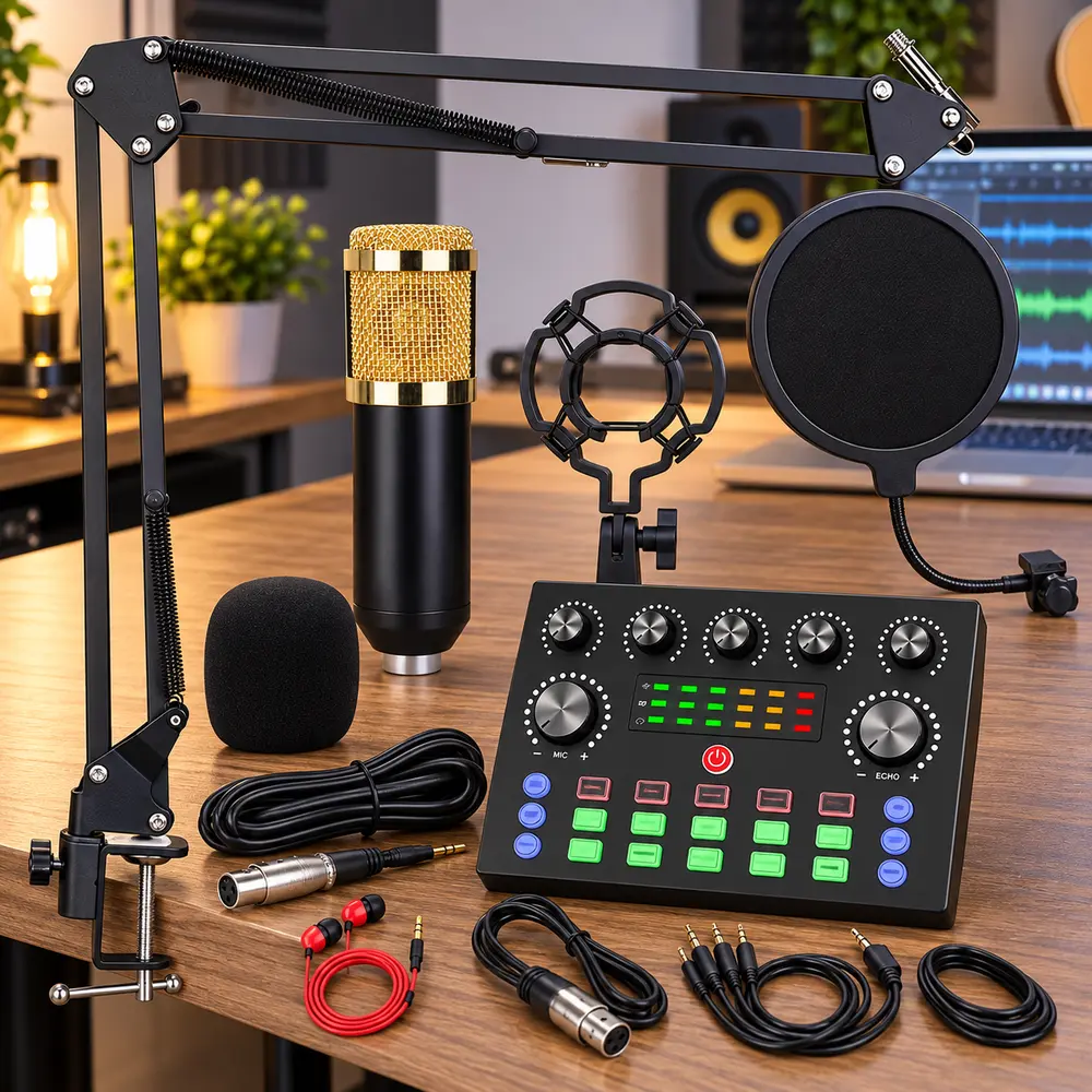 Complete Condenser Microphone and Audio Mixer Bundle with Adjustable Boom Arm, Shock Mount, Pop Filter, Cables and Sound Effects for Podcasting, Recording, Singing and Live Streaming - Organized Kit Designed for Convenient Installation and Storage