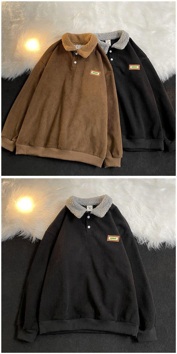2025 NEW Corduroy Polo collar sweater couple autumn and winter style plus velvet thickened simple fashion lamb wool coat Comfort Long Sleeve