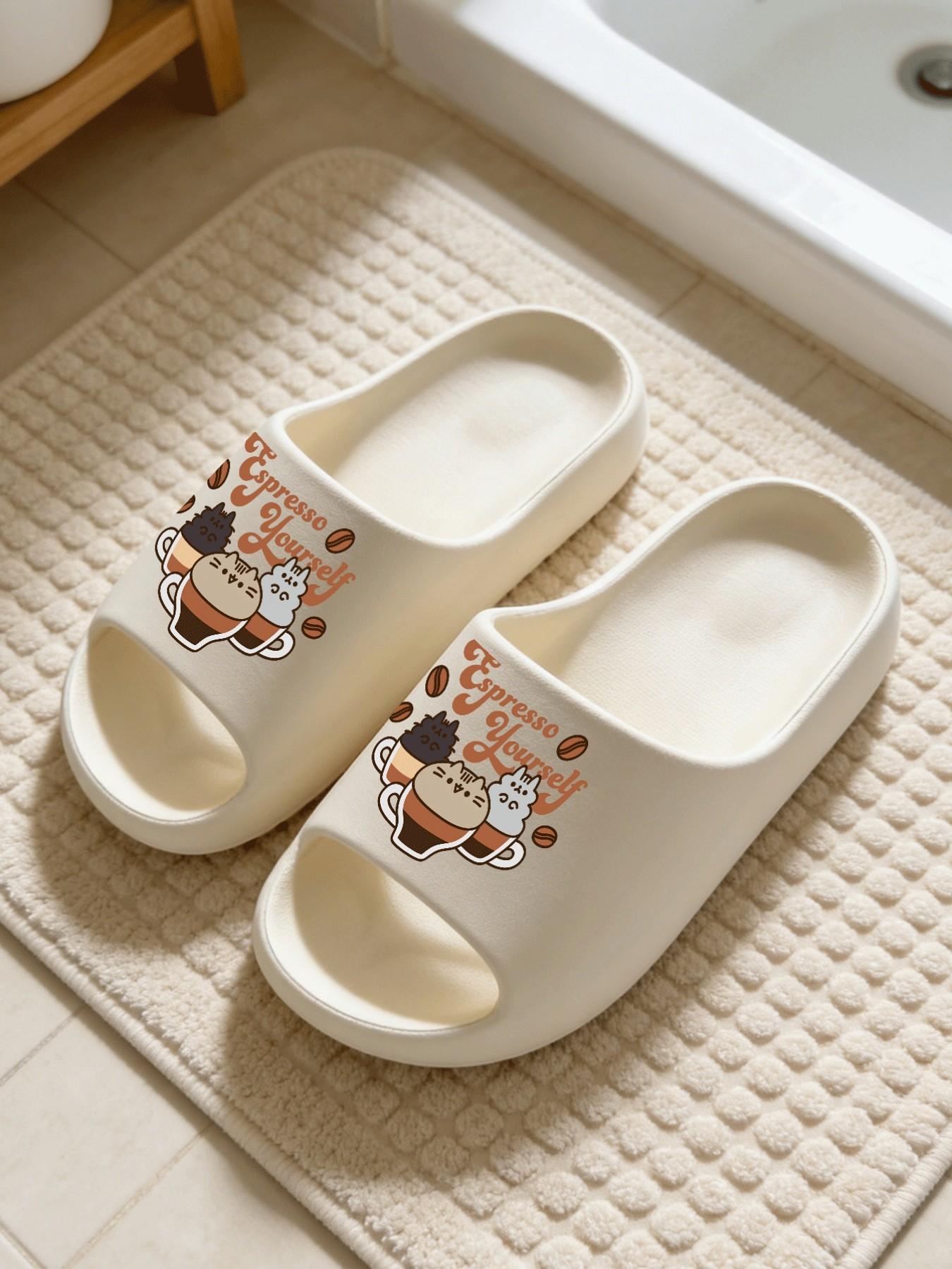 1 Pair Espresso Themed Cartoon Printed Thick Sole Slippers, French Retro Lazy Style, Non-slip Soft Sole, Indoor & Outdoor Dual-use, Open Toe Slides, Exclusive for Coffee Lovers, Bathroom Casual Slippers