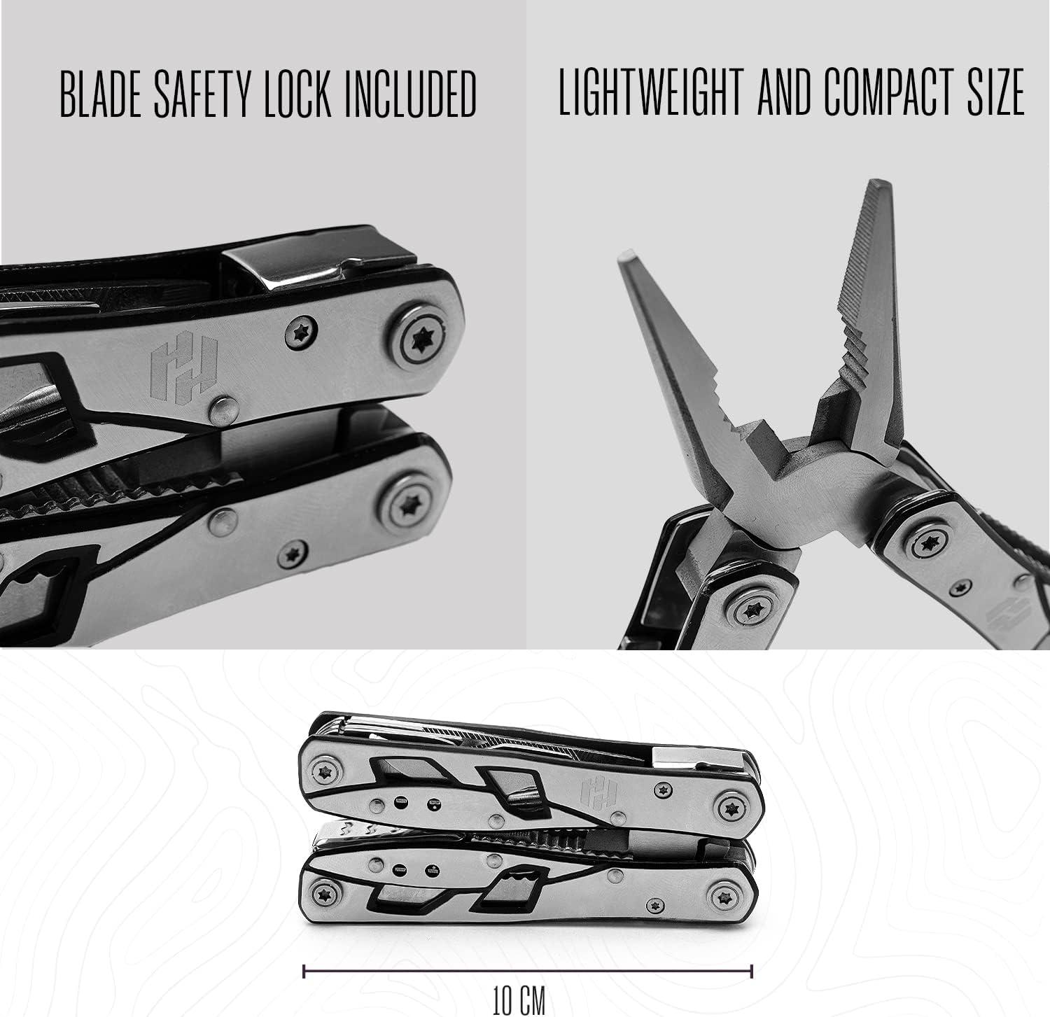 12-in-1 Stainless Steel Pocket-Size Plier Multitool with Safety Lock, 1-Handed EDC Gear, Durable 12-in-1 Multitools & Accessories for Camping Survival